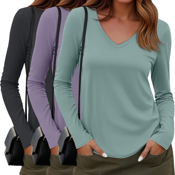 Tops - 3 Pack Women's Long Sleeve Shirts Cotton V Neck Casual Tops Roll Hem Lightweight